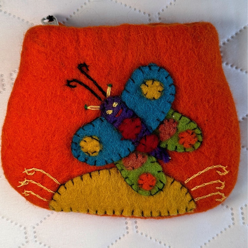 Hand felted Butterfly Coin‎ Pouch Orange Nepal